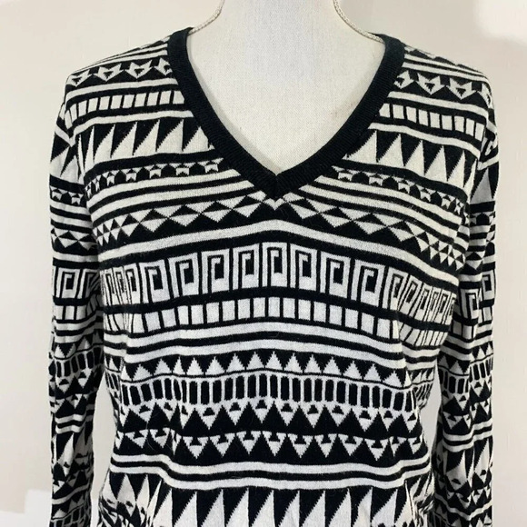 Black and White Geometric Pattern 90s Sweater V Neck Womens Medium - Picture 2 of 7